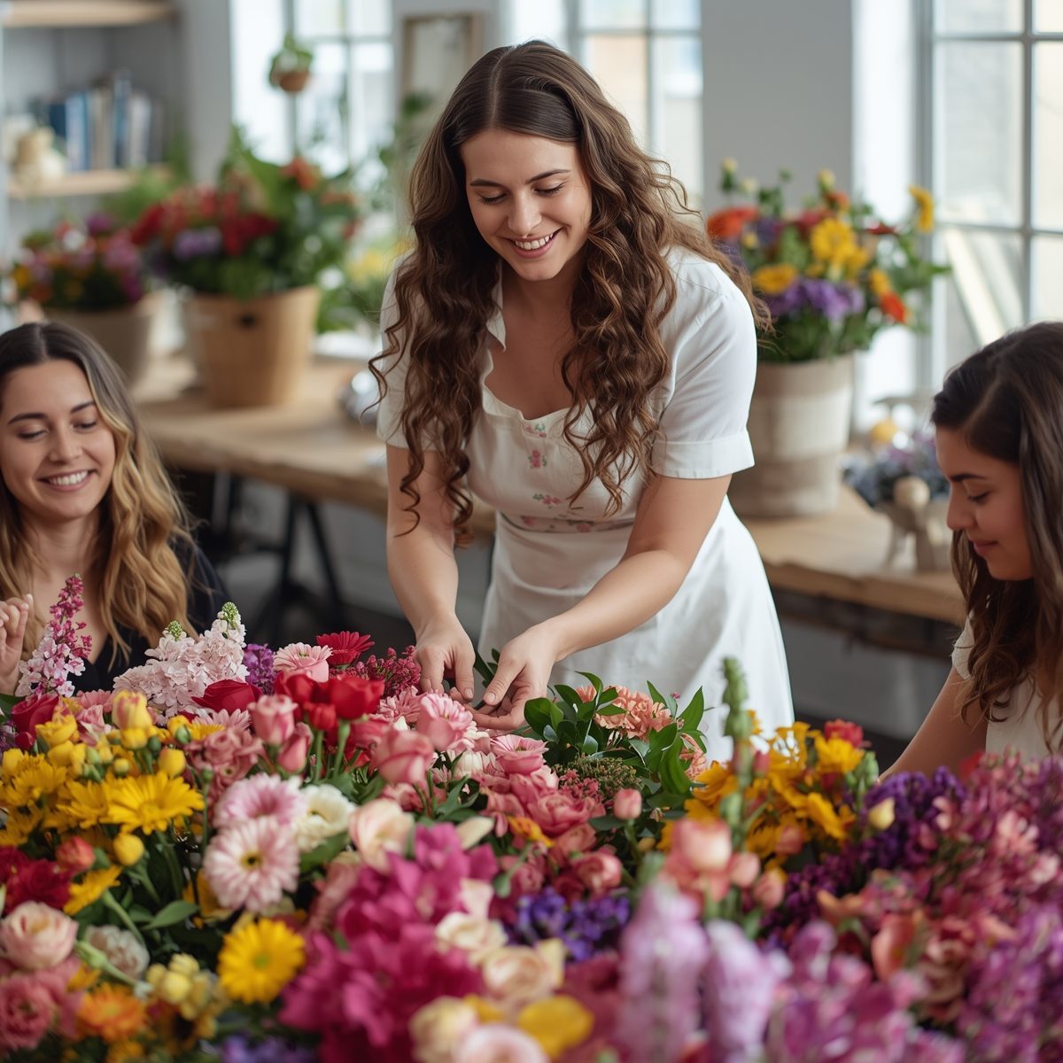 Florist assembling a large cascading bouquet